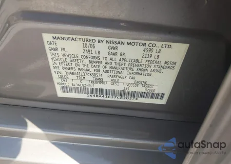 2007 Nissan Maxima 3.5 Sl из США, поврежденный, VIN 1N4BA41E37C830574